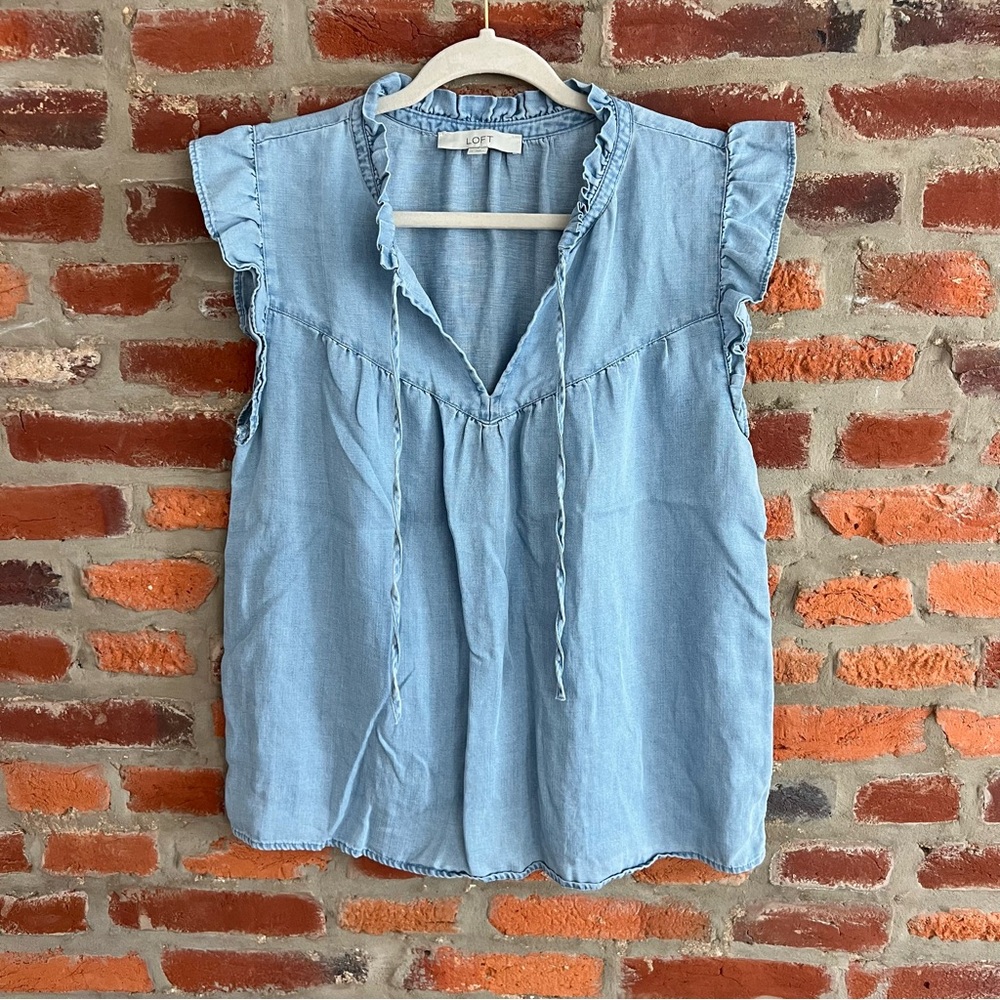 LOFT Light Blue Chambray Ruffle-Trim Split-Neck Top